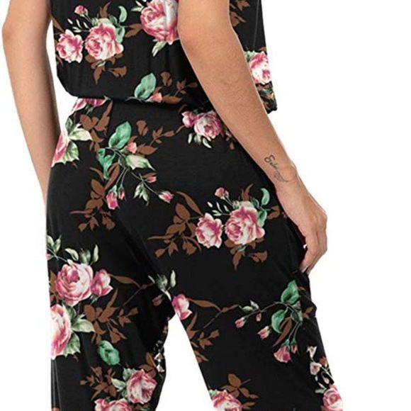 DouBCQ Womens Casual Short Sleeve Jumpsuits Elastic Waist Jumpsuit with Pockets - Picture 2 of 4